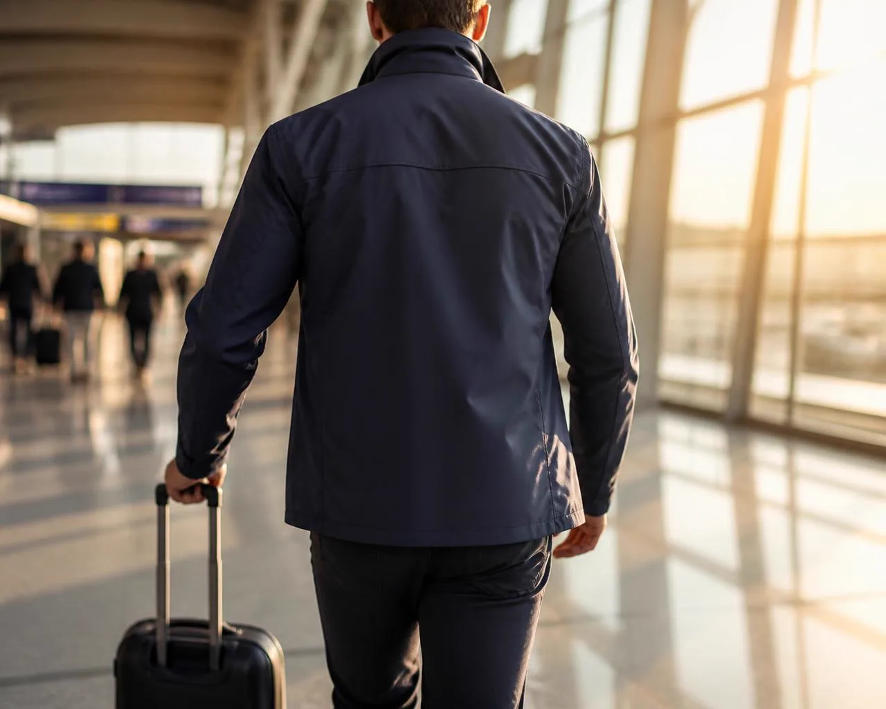 Traveller in a Rivetd travel jacket walking through an airport concourse